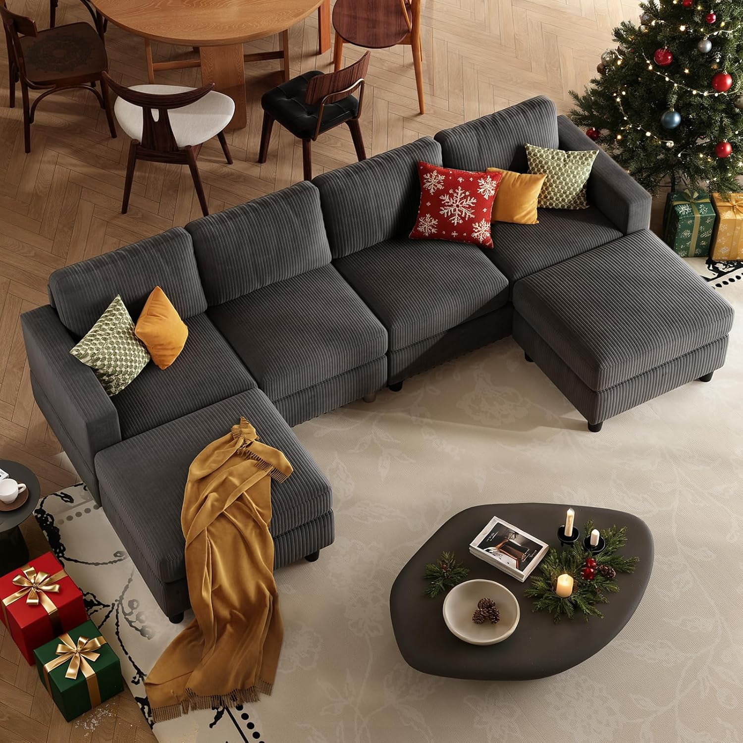 AENKYO U-Shaped Sectional Sofa Couch with 2 Ottomans, Convertible 4-Seat Living Room Furniture with Removable Cushions, Gray