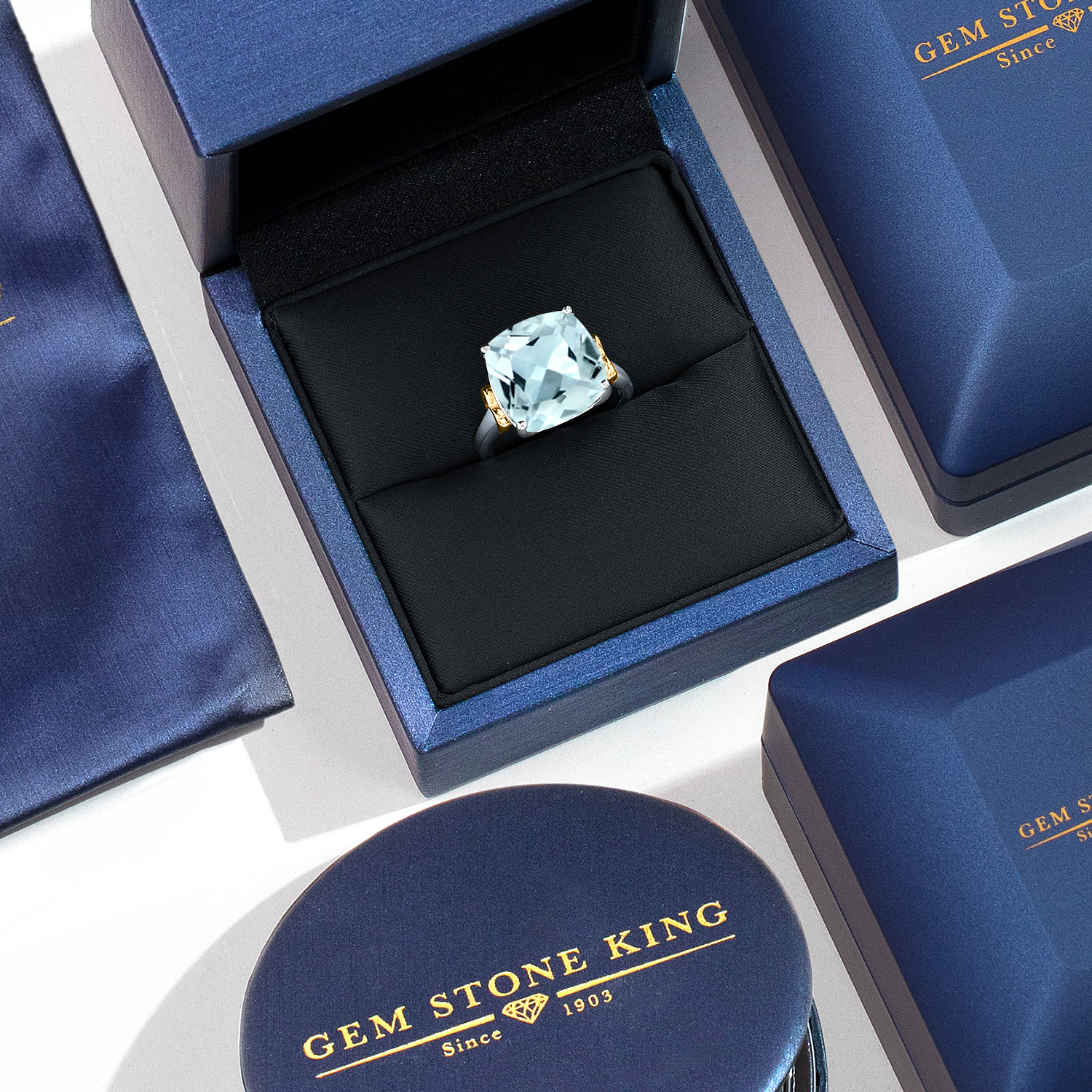 Gem Stone King 925 Silver and 10K Yellow Gold Sky Blue Simulated Aquamarine Solitaire Engagement Ring for Women | 6.00 Cttw | Cushion 12MM | Gemstone March Birthstone | Size 5