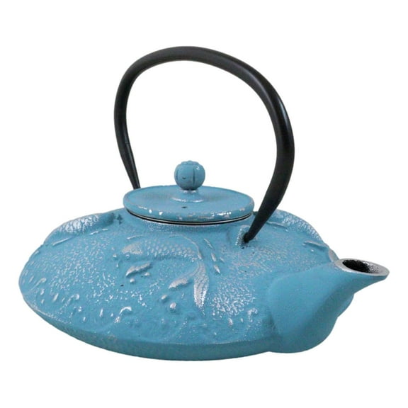 Turquoise Blue Auspicious Koi Fishes Cast Iron Tetsubin Teapot With Enamel Liner