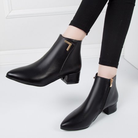 Winter Fashionable Warm and Comfortable Metal Decorated New Short Boots Pointed Toe Thick Heel Elegant Women's Shoes
