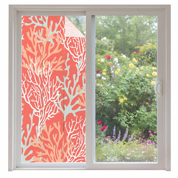 Orange Red Coral Coastal Window Privacy Film, Ocean Nautical Seaside Beach Static Cling UV Sun Blocking Heat Control Window Tint Day and Night,Non-Adhesive One Way Windows Privacy Cover 35.4''x78.7''