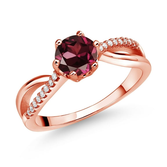 Gem Stone King 18K Rose Gold Plated Silver Ring Round Rhodolite Garnet and Moissanite (1.08 Cttw) (Size 7)