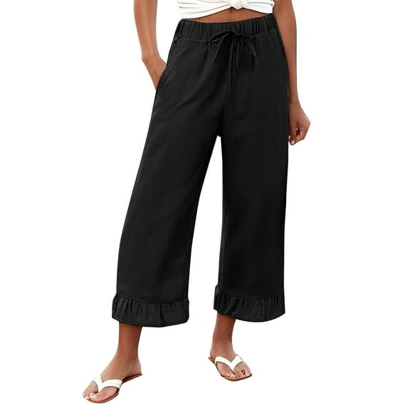 TRUBKH Women Linen Pants Drop Crotch Harem Pants Pull On Pants Baggy Yoga Pants Women Fashion Drawstring Lightweight Paperbag Pant Breezy Pants Women Wide Leg Cotton Linen Pant Black L