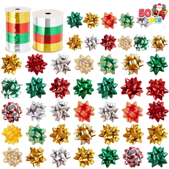 Joyfy 50 Pcs Christmas Gift Bows & Gift Ribbons, 48 Multi-Colored Assorted Size Self Adhesive Bows & 2 Rolls of Curling Ribbons for Gifts, Present Wrapping Decoration