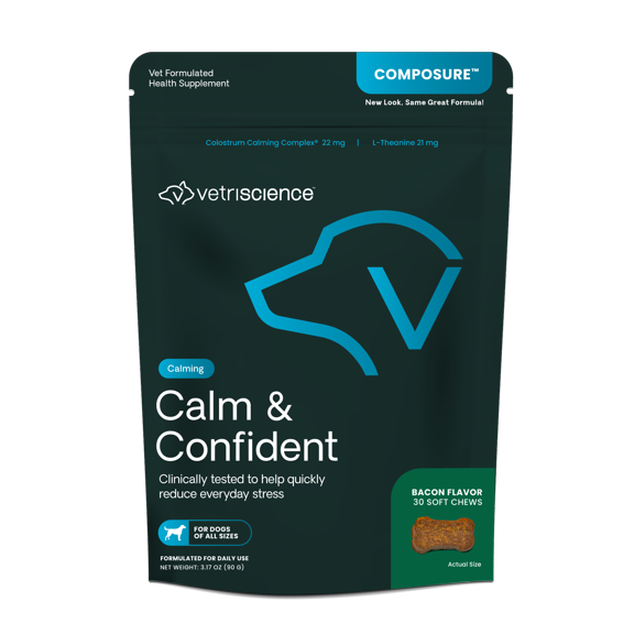 VetriScience Calm & Confident Anxiety Supplement Chews for Dogs, Bacon Flavor, 30 Count Bag