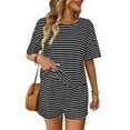thumbnail image 5 of HWRETIE Women Sleepwear,Women Pajama Set Casual Striped Short Sleeve Shirt with Elastic Waist Shorts Two Piece Home Clothes Comfortable Sleepwear Outfit Black （9XL）, 5 of 5