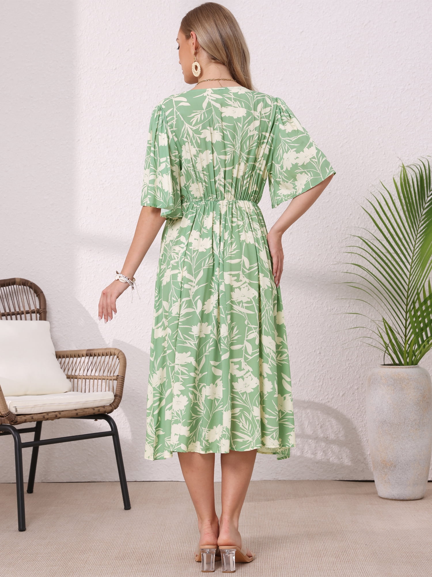 DARING DIVA Women's Floral Midi Flutter Sleeve V Neck Flowy Dresses L Green