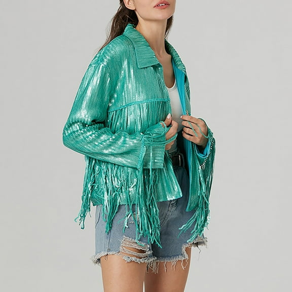 Sequin Fringe Jacket Shiny Disco Outfit Theme 90s Streetwear Jacket Glitter Tassel Coat Womens Vests Fall Womens Vests Outerwear Womens Fashion Clothes Zip Sweaters for Women Womens Shirt Jacket