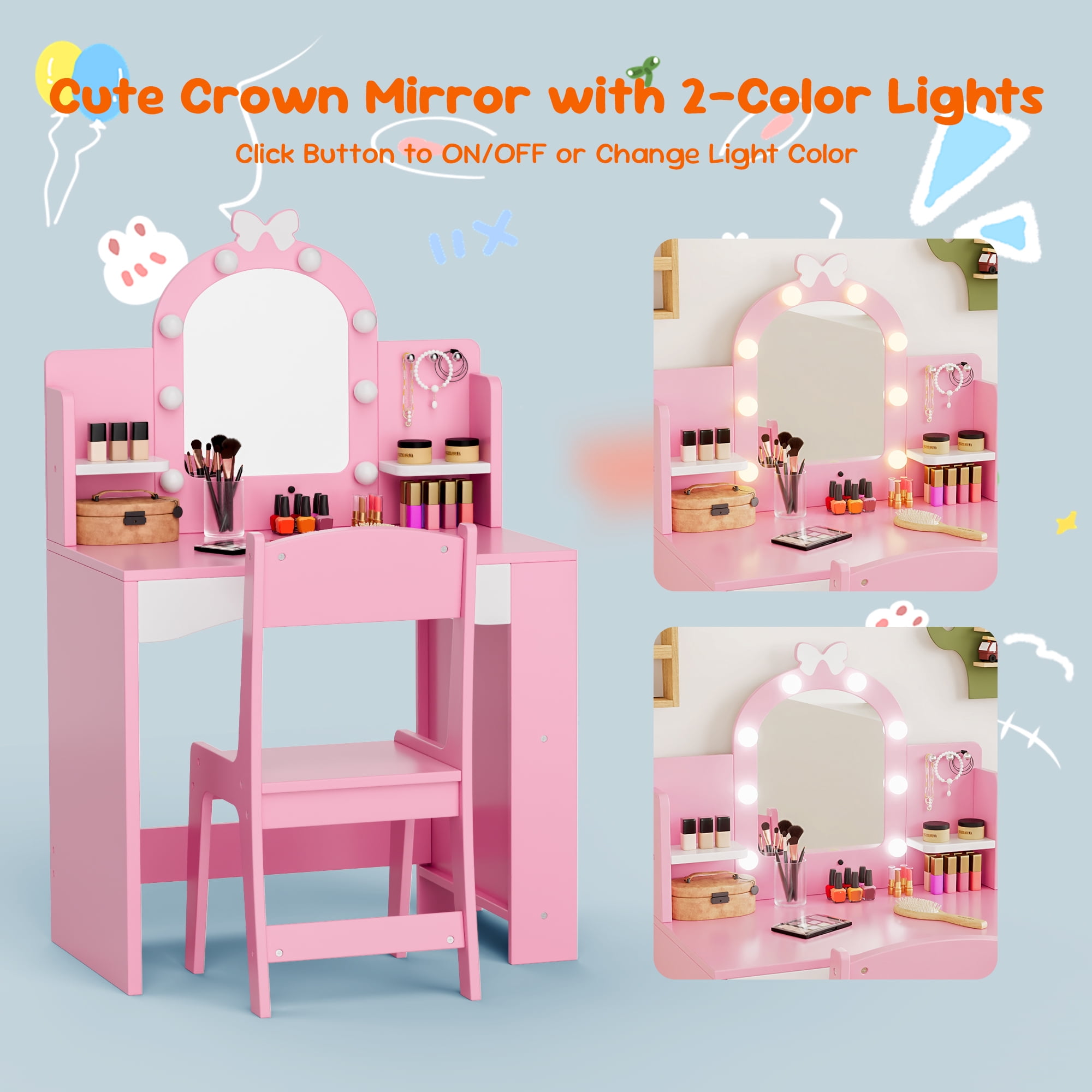 Reasea Kids LED Lights Vanity Table Set,Kids Vanity Table and Chair Set,Pink