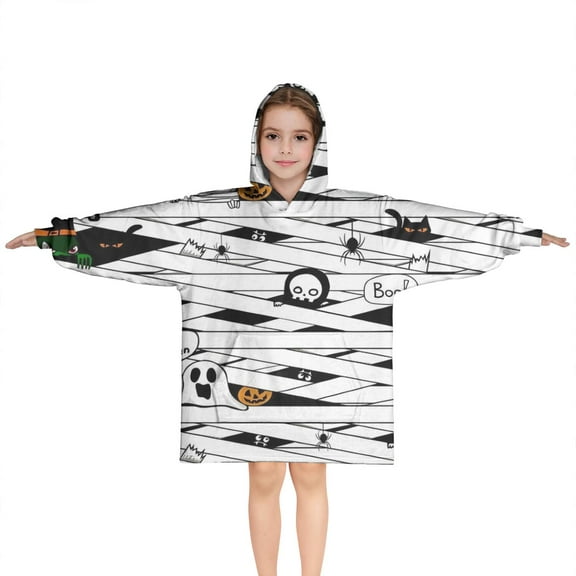 Spooky Halloween Pattern Blanket Hoodies for Kids 6-13YR Oversize Wearable Blanket Hoodies for Boys Girls Teens