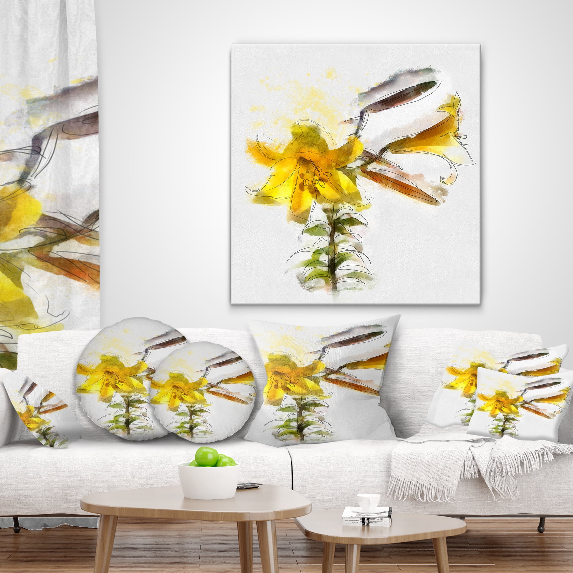 Designart Yellow Tulip Stem with Leaves - Floral Throw Pillow - 16x16