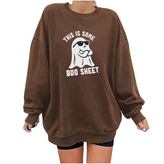 EQWLJWE Chandails en Molleton Graphiques d'Halloween pour Femmes Grande Taille Col Rond Manches Longues Chandail Imprimé Fantôme d'Halloween Chandails en Molleton Oversize Chandail Tops d'Halloween pour Femmes Tops pour Femmes 2023
