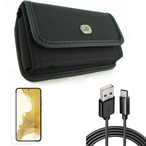6ft USB Cable & Case Belt Clip & Matte Screen Protector for Samsung Galaxy S22 (6.1") - Type-C Charger Cord & Rugged Holster & TPU Film Anti-Glare Accessory Bundle