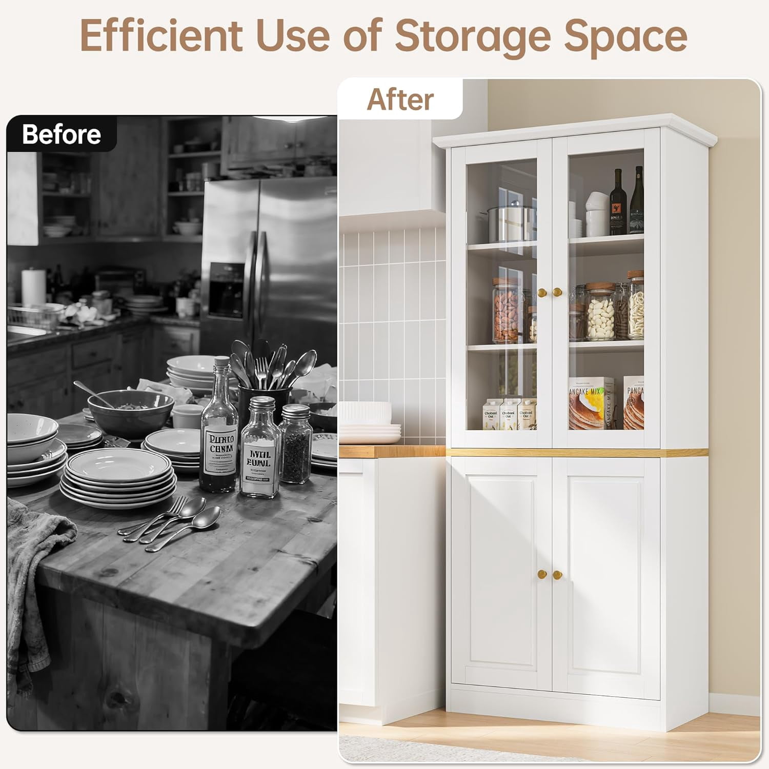 SELOOYE Kitchen Pantry Cabinet, 71" Modern Glass Display Cabinet with Wood Doors, Tall Storage Cabinet with Adjustable Shelves, Freestanding Cupboard for Living Room, Dining Room, Kitchen, White