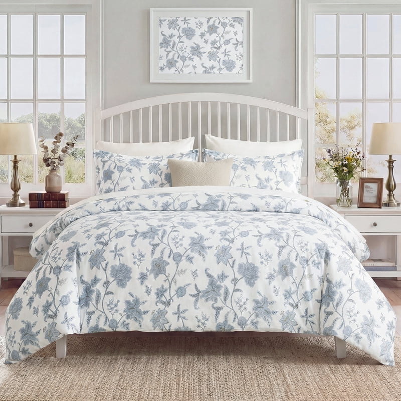 Blue Floral Duvet Cover King Size, 100% Cotton Bedding Set with Zipper Closure & Corner Ties, Soft Breathable Branches Botanical Floral Duvet Cover Set for All Seasons