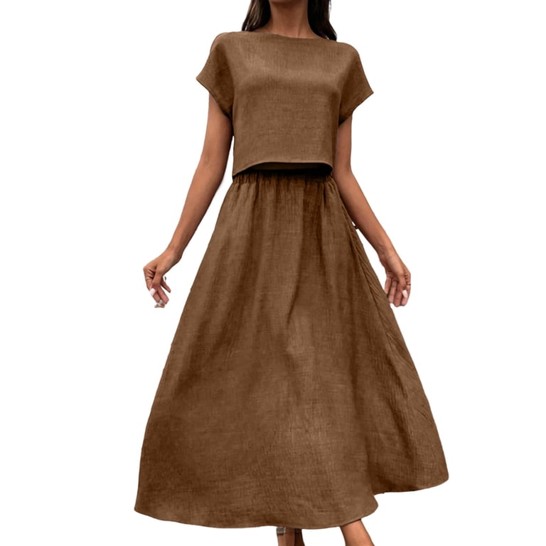 brown and black wedding guest dress asdoklhq Summer Dresses For Women Cocktail Summer Crew Neck Short Sleeve Top & Midi Skirt Piece Set S Jing meteor garden | Waist 33 ( 84 easy pdf sewing pattern Size Alpha:Medium