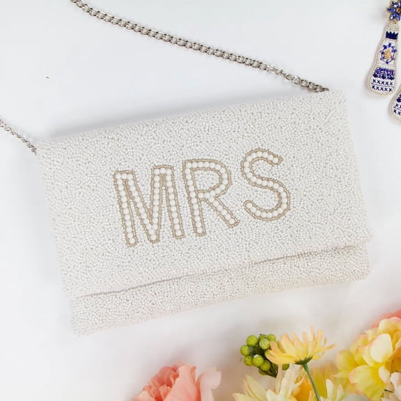 White Mrs. Clutch Purse - Elegant Beaded Wedding Clutch Bag for Brides and Bridesmaids, Perfect Bridal Gift for Weddings, Engagements, and Bachelorette Parties