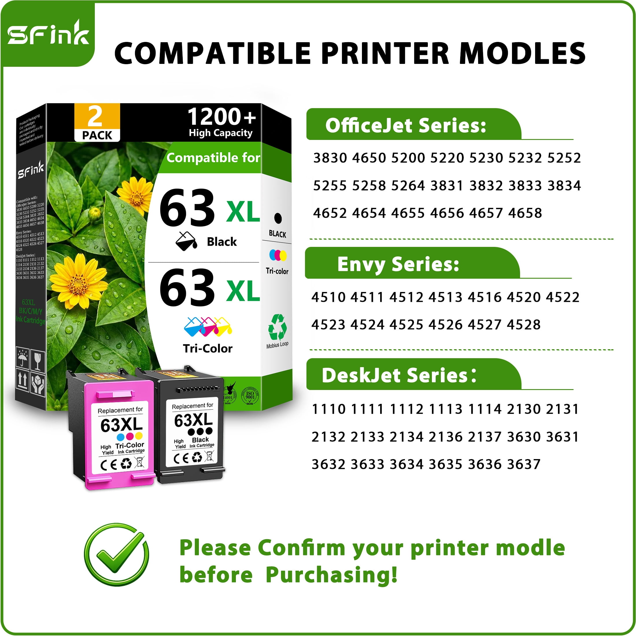 63XL Ink Cartridge Combo Pack Compatible for HP 63 Ink 63XL Ink Cartridges Black/Tri-Color for OfficeJet 3830 3833 4650 4652 4655 5255 5258 Envy 4512 4520 DeskJet 1112 3630 (2 Pack)