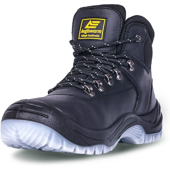 AEGISWARM Work Boots for Men Steel Toe Waterproof Oil Full Grain Cowhide Leather, Non Slip Industrial and Construction Safety Footwear Mens Work Boots Black