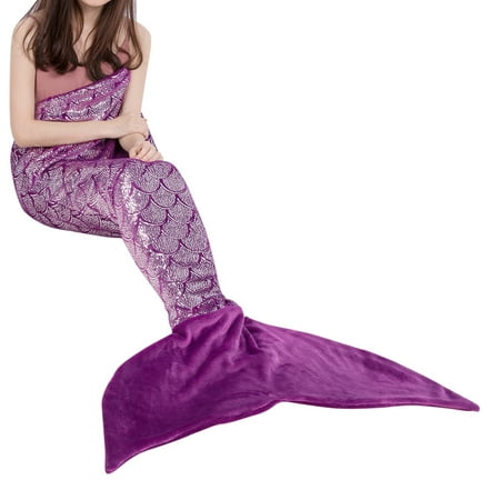 LANGRIA Mermaid Tail Blanket for Adults and Children Soft Warm All Season Snuggle Sleeping Life-Like Little Mermaid Glittering Flannel Throw Blanket for Bed Sofa Couch (60 x 25 inches, Dark Purple)
