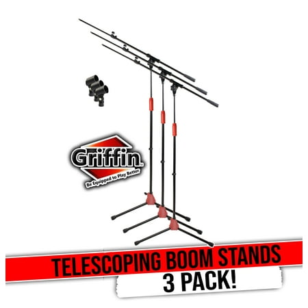 Griffin Microphone Boom Stand with Mic Clip (Pack of 3) - Telescoping Tripod Quality for Studio, Karaoke, Live Performances, Conferences Portable with Collapsible Legs & Removable Arm