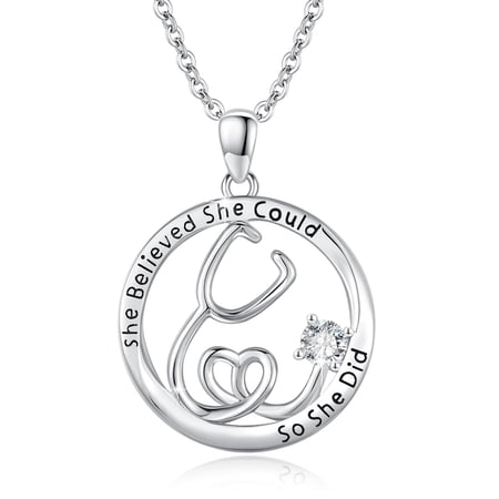 Stethoscope Necklace for Women S925 Sterling Sliver Medical Stethoscope April Birthstone Pendant Necklace Doctor Nurse Medical Student Jewelry Gifts for Graduation