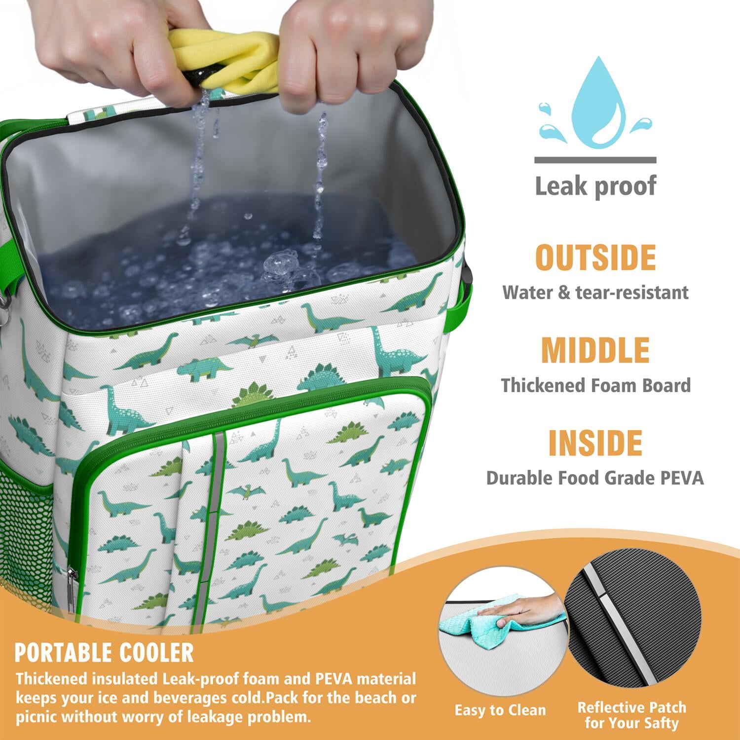 Travel Cooler Bag - White Cartoon Dinosaurs Geometric Pattern Camping Beer Cooler Backpack with Bottle Opener- Waterproof Insulated Picnic Backpacks - Cooler Bag for Beach