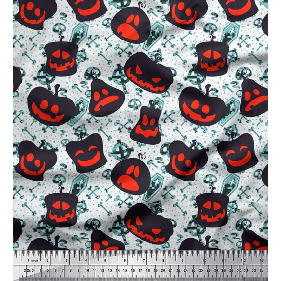 Soimoi Crepe Silk Fabric Pumpkin,Crossbone & Skull Halloween Decor Fabric Printed Yard 42 Inch Wide
