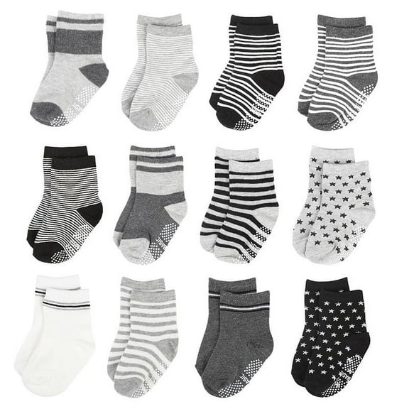 Baby Socks 12 Pairs Assorted Non Skid Cotton Socks 16-36 Months Walker Boys Girls Toddler Anti Slip Stretch Knit Stripes Star Sneakers Crew Socks