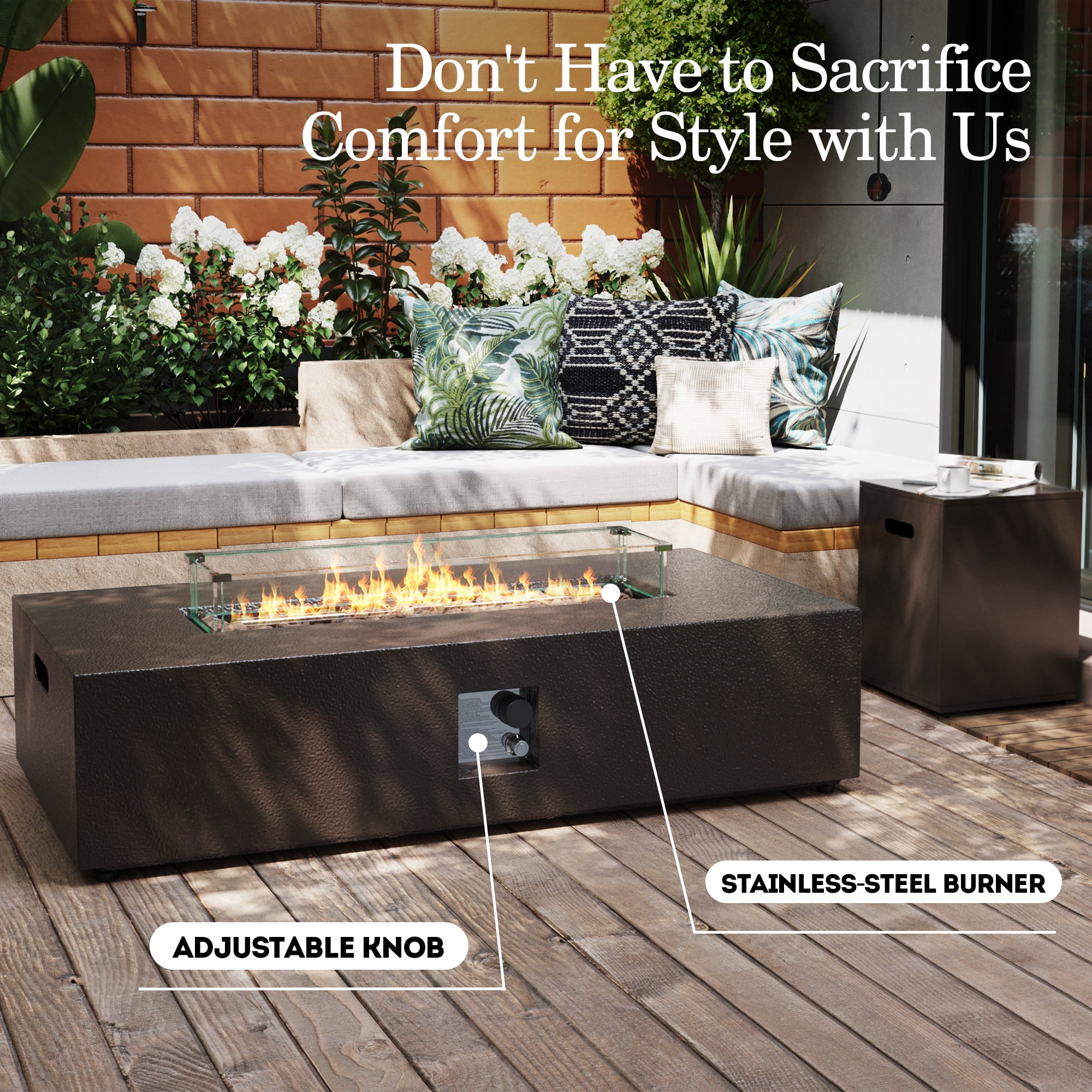 UPHA 56-inch Outdoor Propane Rectangle Fire Pit Table 50000 BTU Iron Gas FirePit for Outside Patio with Tank Cover, Wind Guard, Removable Lid, Lava Rocks, Rain Cover, Brown