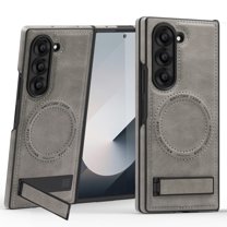 Dteck Magnetic Leather Case for Samsung Galaxy Z Fold 6,Shockproof Leather Compatible with Mag-safe Adjustable Kickstand Protective Cover for Galaxy Z Fold 6 5G,Gray