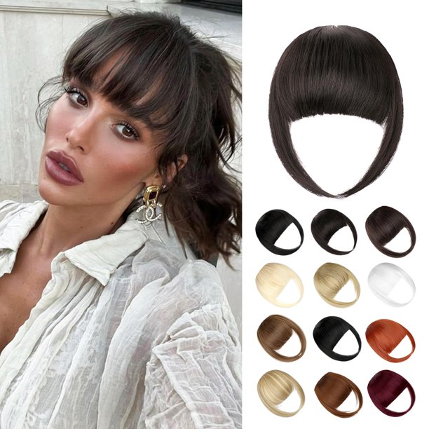 Wodelanle Flequillo Flequillo con clip Flequillo falso Extensiones de cabello con clip natural Fácil de usar Flequillo sintético Flequillo con clip Flequillo francés marrón Flequillo con patillas Post