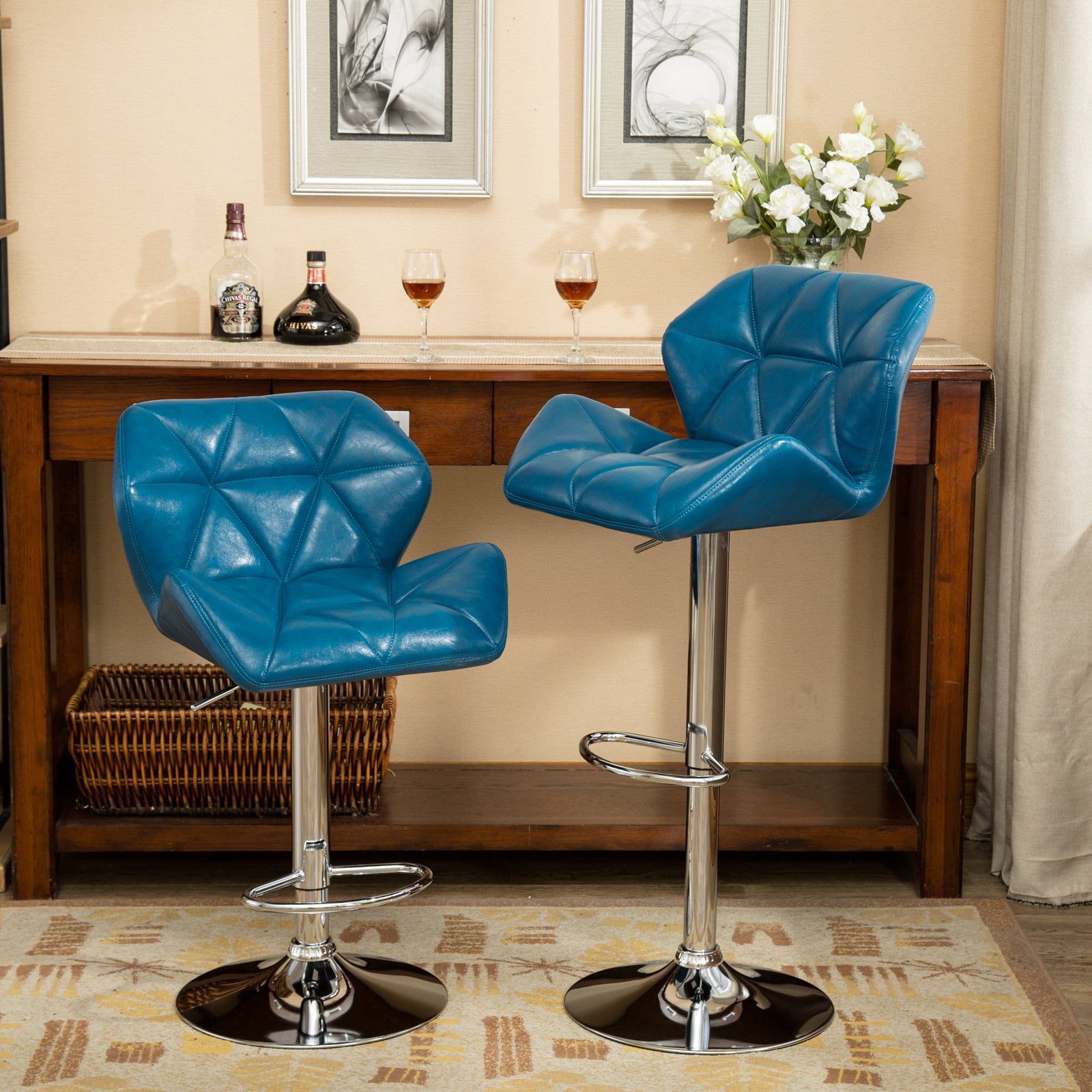 Roundhill Furniture Glasgow Contemporary Tufted Adjustable Height Hydraulic Bar Stools, Set of 2, Black