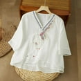 thumbnail image 2 of XUNKUSGA Womens Tops Loose 3/4 Sleeve Cotton Linen Shirts for Women Summer Retro Embroidered Boho Tops Fashion Chinese Frog Button V-Neck Women's Blouses M-3XL,White, 2 of 5