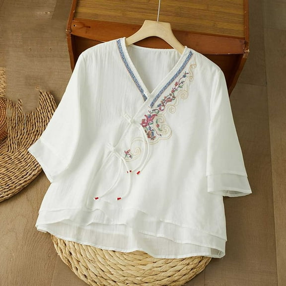 HongQid Boho Floral Embroidery Cotton Linen Tops for Women Chinese Frog Button 3/4 Sleeve Loose Casual Blouses Shirts