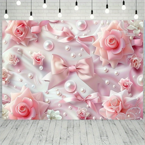 Elegant Pink Bow Birthday Backdrop Rose Pearl Bow Birthday Photography Background for Women Girls Roses Pearls Ribbon Birthday Party Decorations Banner Supplies Photo Booth Props