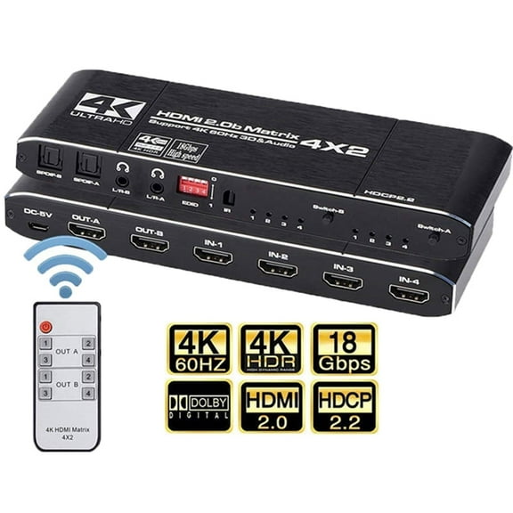 AUBEAMTO HDMI 2.0 Matrix Switcher Splitter 4x2 4K@60Hz HDR UHD 18Gbps ARC Audio Extractor SPDIF Coaxial 3.5mm Audio EDID Setting HDCP2.2