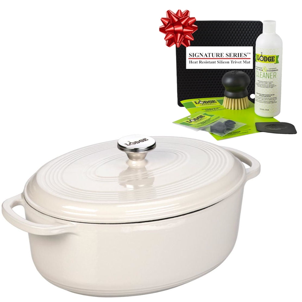 Lodge Dual Handles Enameled Cast Iron Oval Dutch Oven, Oyster, 7 Quart