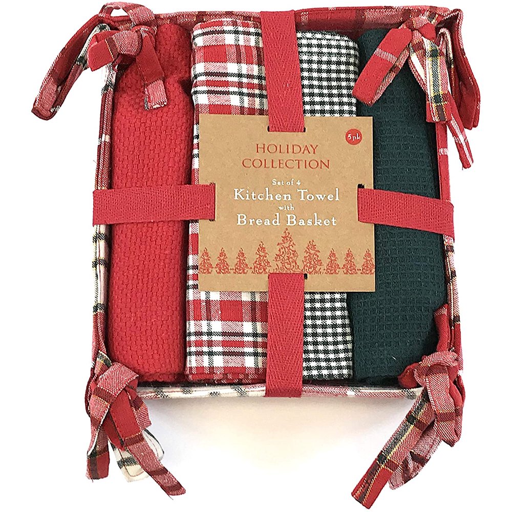 Holiday Kitchen Tartan Bread Basket Towel Gift Set 4 Kitchen Hand Dish