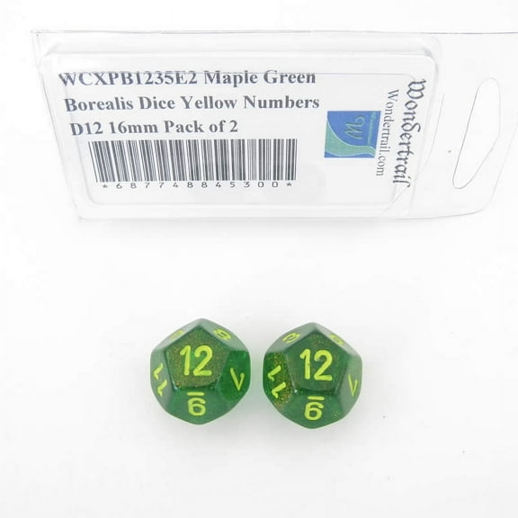 Maple Green Borealis Dice with Yellow Numbers D12 Aprox 16mm (5/8in) Pack of 2 Wondertrail