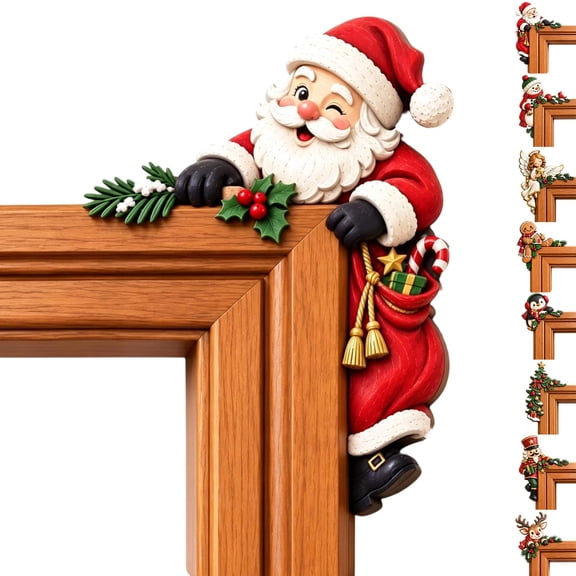 Christmas Santa & Snowman Handle Huggers, Door Frame Corner Decor with 8 Festive 2D Characters, Reusable Holiday Topper