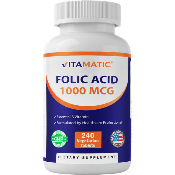 Vitamatic Folic Acid 1000 mcg (1 mg) - 240 Vegetarian Tablets - 1667 mcg DFE - Vitamin B9