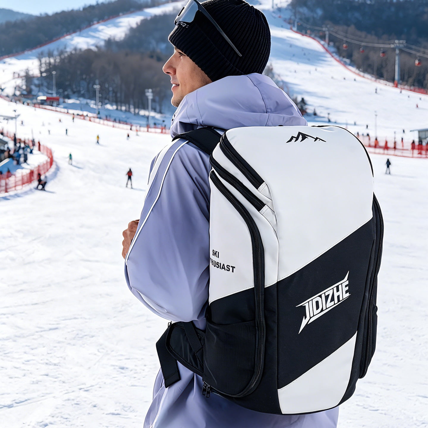 JIDIZHE Ski Boot Backpack Water-Resistant Textured Fabric 12.6 x 7.5 x 20.5 in for Snow Travel, Black and White