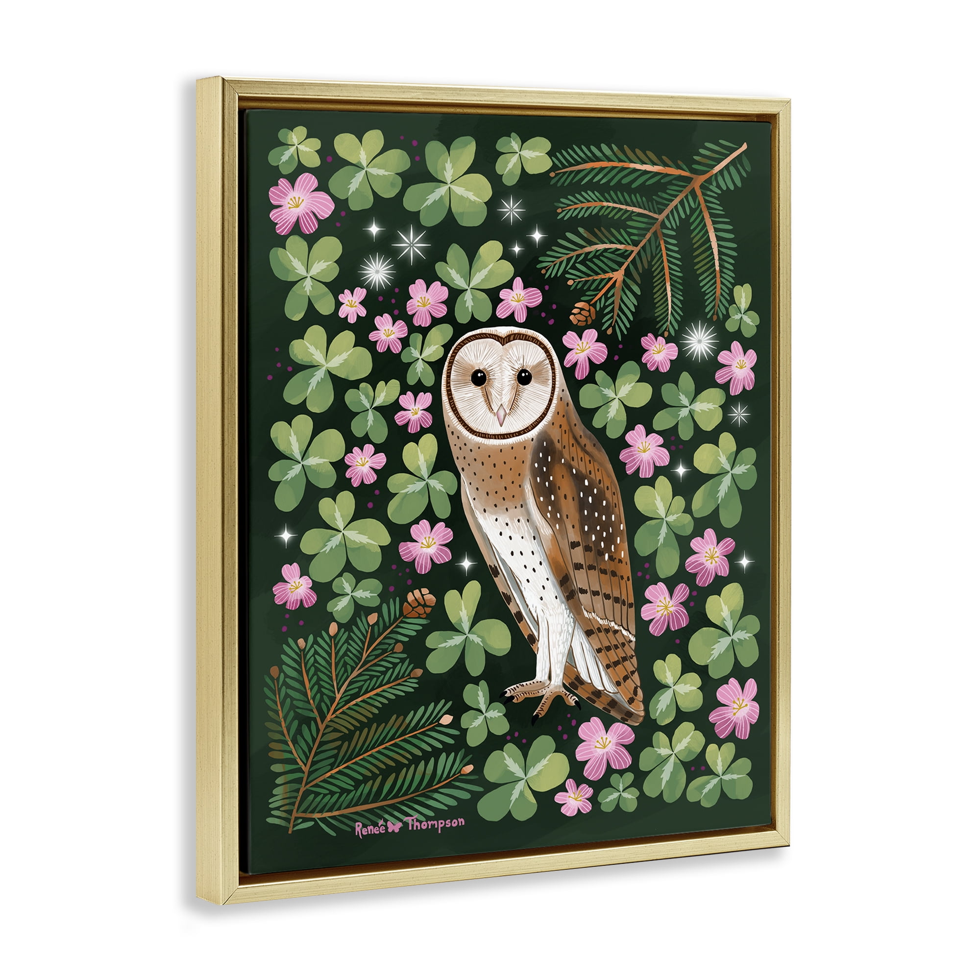 Stupell Industries Barn Owl & Botanicals Animals Painting Gold Floater Framed Canvas Art Print Wall Art, 25 x 31