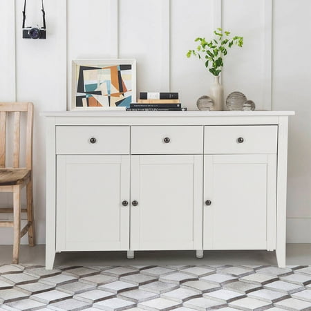Homycasa Wooden White Accent Storage Cabinet 3 Doors Living Room Side Cupboard Mid Century Modern Style