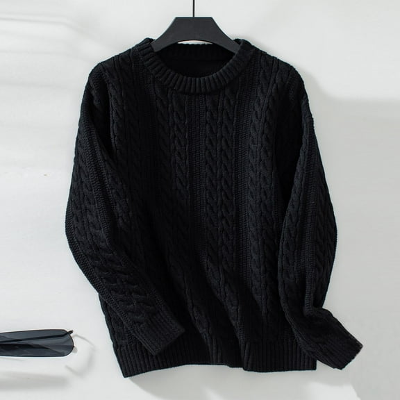 Itsame Women Knitted Sweater Crew Neck Pullover Sweatershirt Long Sleeves Solid Color Relaxed Sweatshirts Black Size L