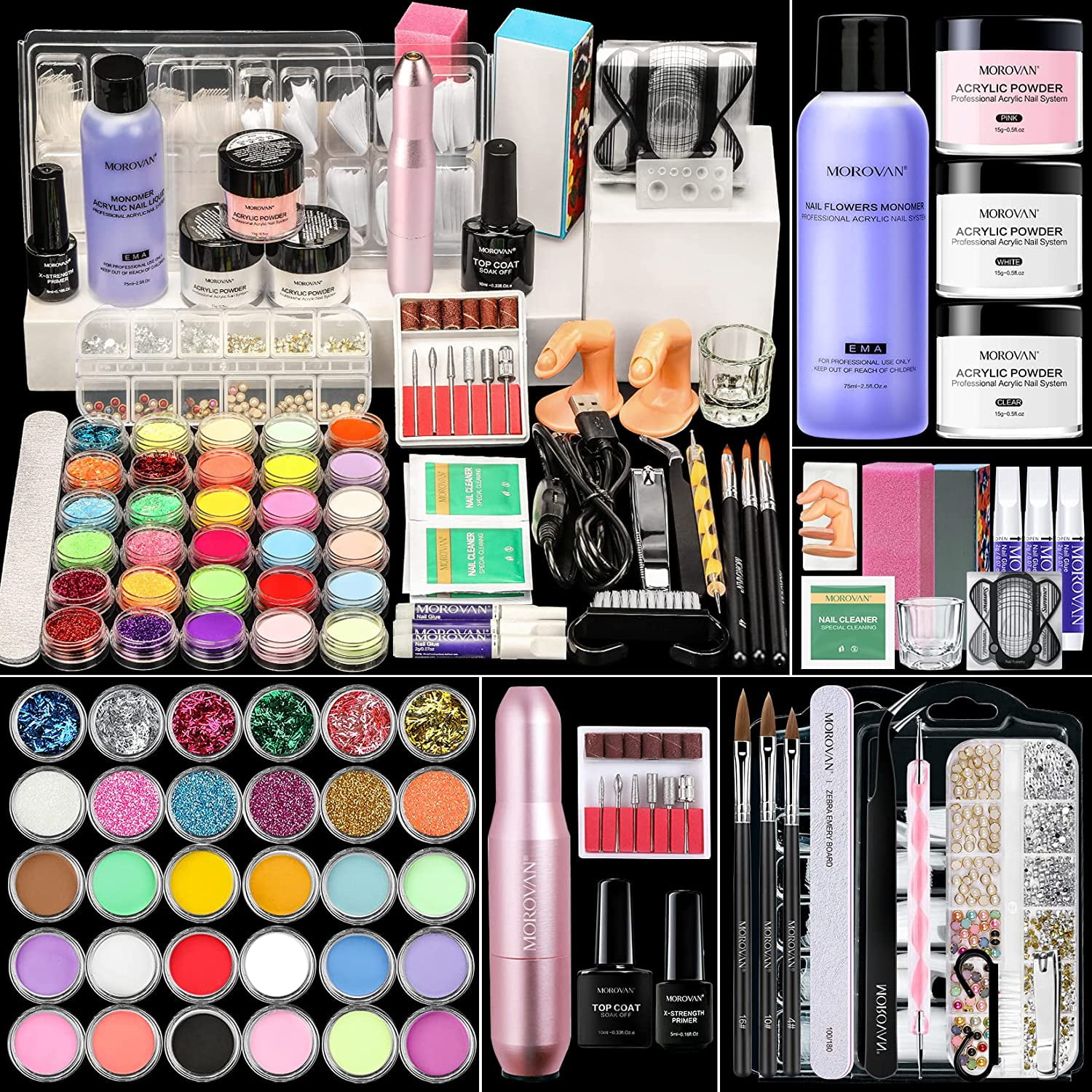 Morovan Acrylic Nail Kit with Drill Glitter Acrylic Powder Monomer
