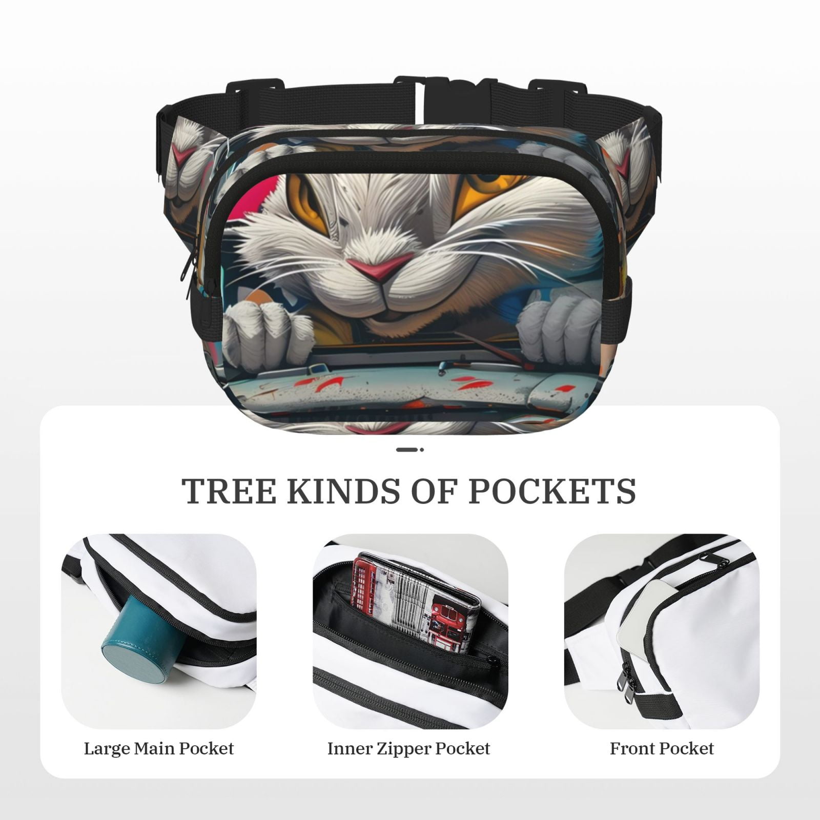 Picia Vibrant Bunny Ride Print Square Double-Layer Waist Bag Mini Adjustable Waist Belt Bag Exercise Running Travel Hiking