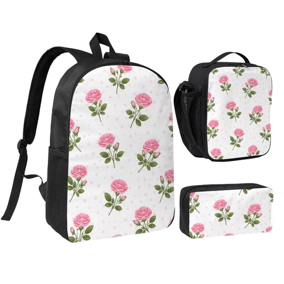 Pink Rose Floral Backpack Set 3pc ，Backpack with Lunch Bag and Bag 17 Inch