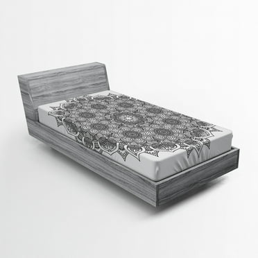 Ambesonne Black Fitted Sheet, Mandala Ottoman Floral, Twin XL Size, Black White